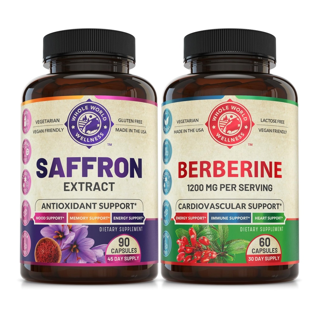 Pure Saffron Extract & Premium Berberine Bundle (jeweils eine Flasche). Unterstützt Mood, Energy Boost, Metabolic Funktion. USA Made.