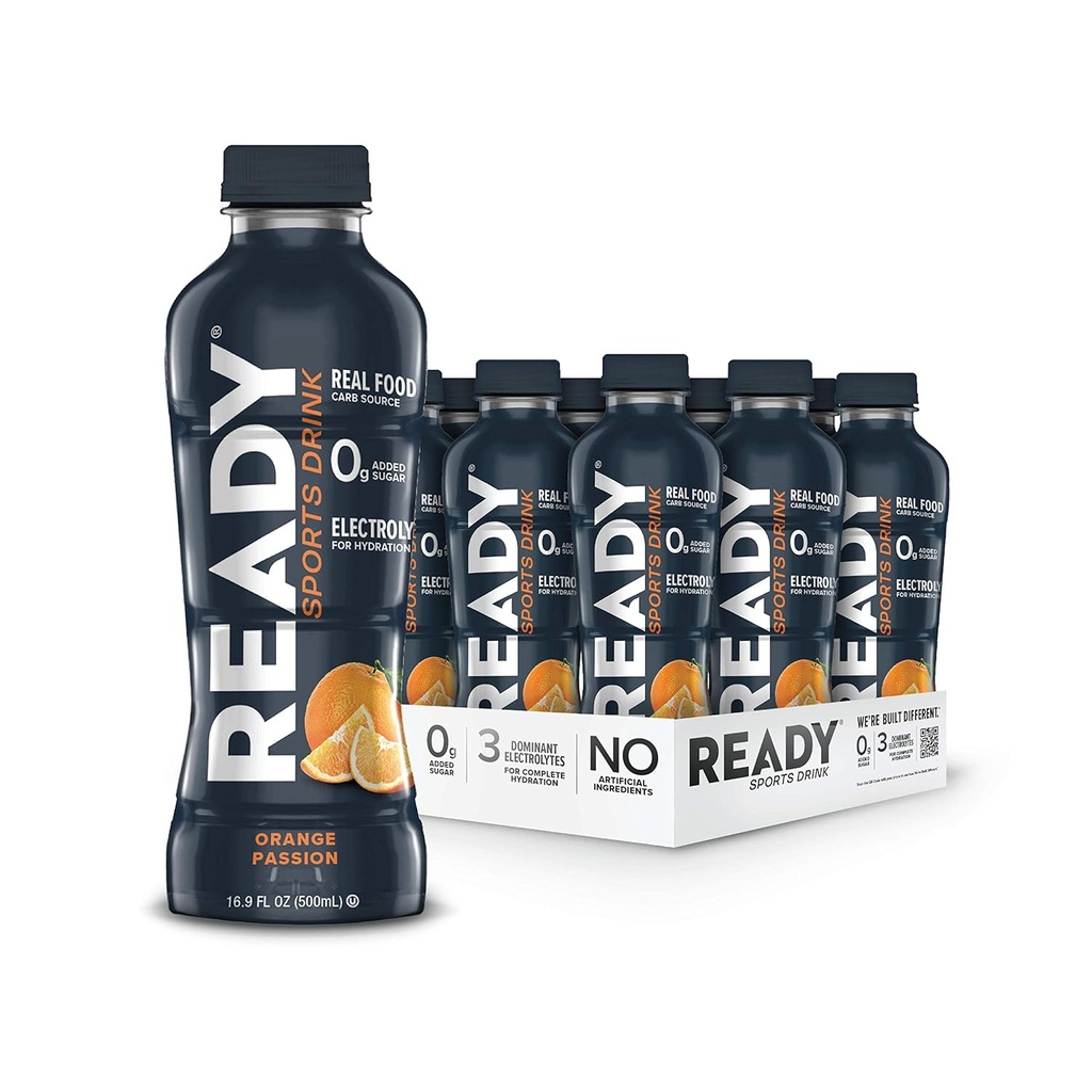 Ready® Sportsdrink – Elektrolytische Hydration mit Super Fruit Carbs, B Vitamins & No Added Sugar – Saubere Energie für Sportler & Endurance – Glutenfrei, Vegan, Kosher – Orange Passion (12-Pack)