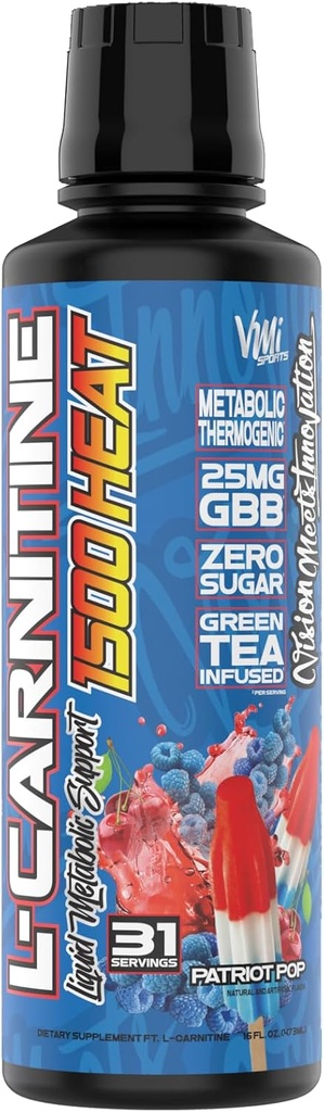 VMI Sports L-Carnitin 1500 Wärmeflüssigkeit Enhanced Thermogenic | 1500 mg Carnitin | Maximale Absorption Formel | Großer Geschmack für Männer & Frauen | 31 Servierungen (Patriot Pop)