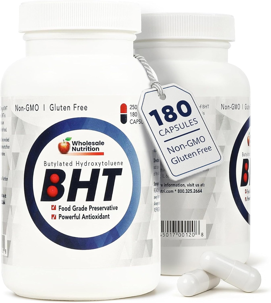 Wholesale Nutrition BHT Supplement Capsules - 250mg Potent Antioxidant - Non-GMO, Gluten-Free - Enhance Oil/Fat Preservation - Pure Butylated Hydroxytoluene for Foods/Oils - 180 Capsules