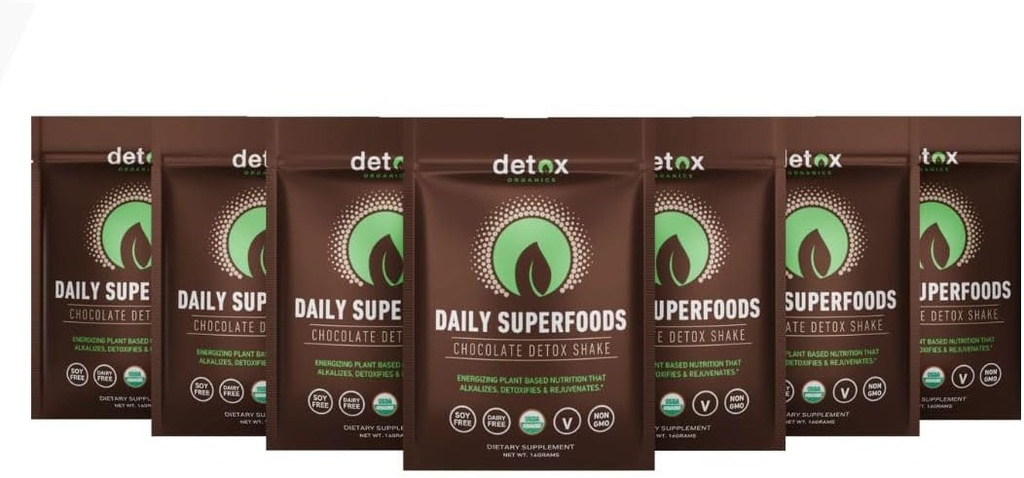 Detox Bios Schokolade Superfood Pulver, Detox Cleanse für Ihren Körper, Bloating Relief, Immun Support Supplement Smoothie Detox Mix, Greens Blend Superfood, Low Carb, Vegan (7 Day Detox Packets)