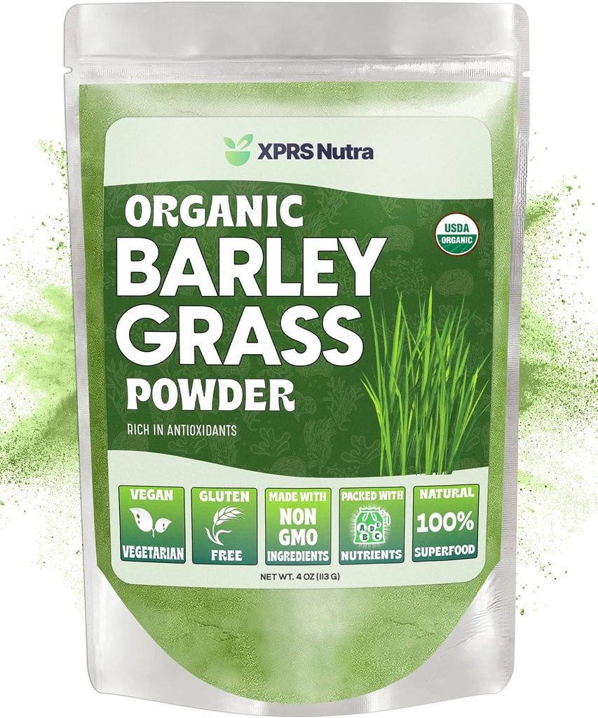 XPRS Nutra Bio Gerste Gras Pulver - 4 Unze Premium Gerste Pulver Reich an Antioxidantien, Aminosäuren und Protein - Gerste Green Superfood für Immunität