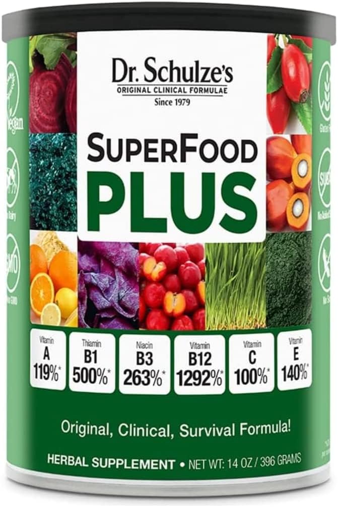 Dr. Schulze's SuperFood Plus | Vitamin and Mineral Herbal Konzentrat | Tägliche Ernährung | Glutenfrei und nicht-GVO | Vegan | 14 Unze Pulver | Verpackung Mai Vary