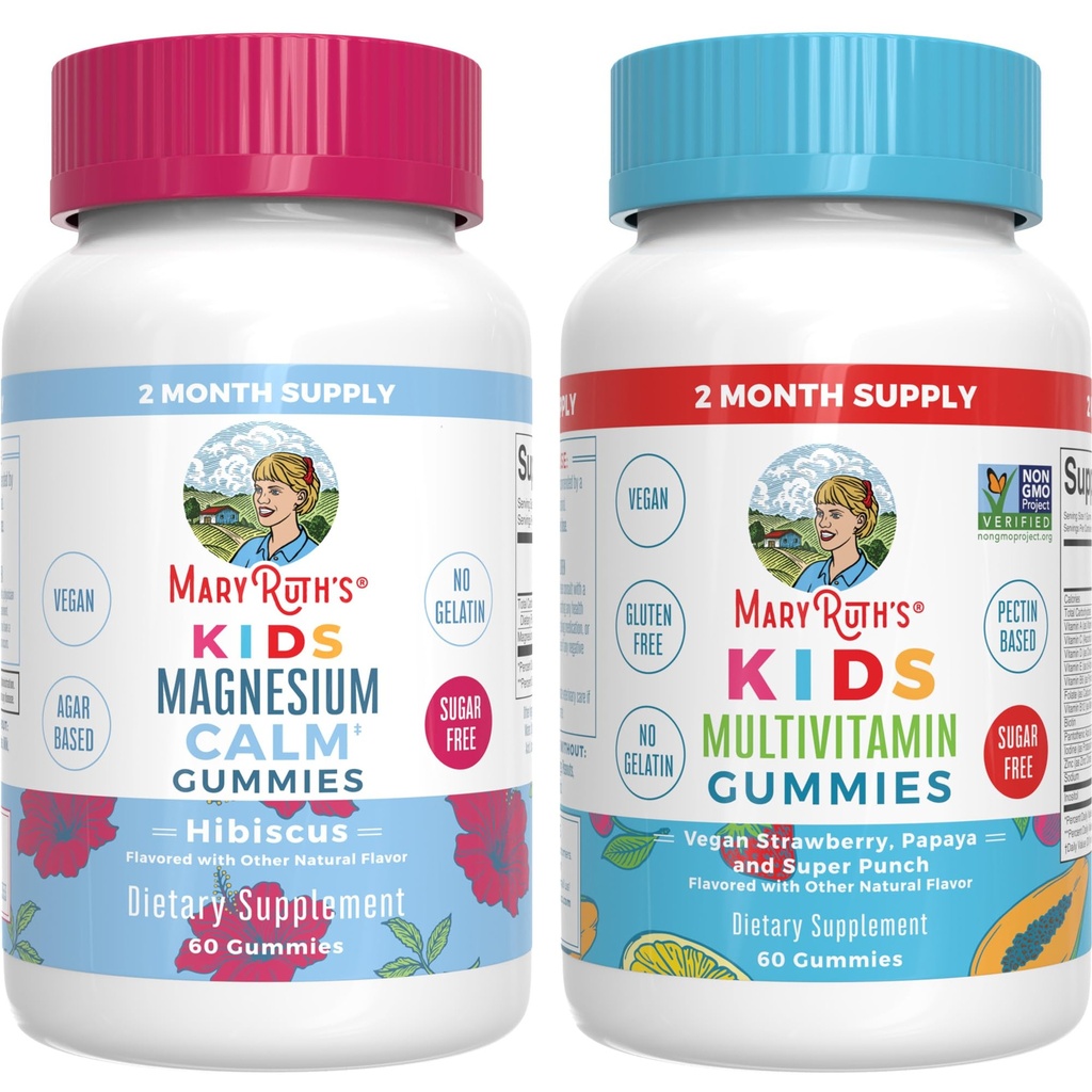 MaryRuth Organics Multivitamin (Strawberry) und Magnesium Calm Gummis (Hibiscus) für Kinder | Clean Label Project Verified® | Vitamins for Overall Wellness and Sleep| Vegan, Non-GMO, Gluten Free