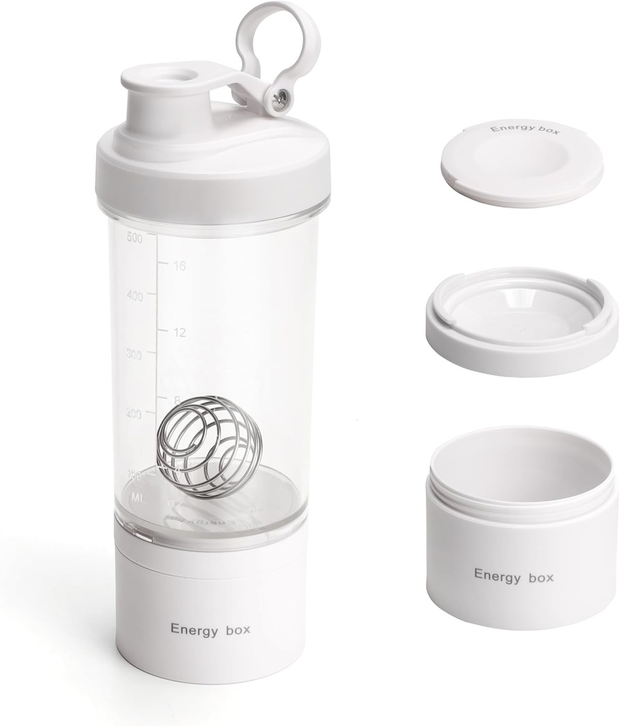 Blender Protein Shaker Tritan Flasche mit Pille/Powder Aufbewahrungsbehälter für Protein Shakes-pre Trainingsflasche-Mixer Cup-Gym Sport Wasserflasche mit Draht Whisk Balls Weiß
