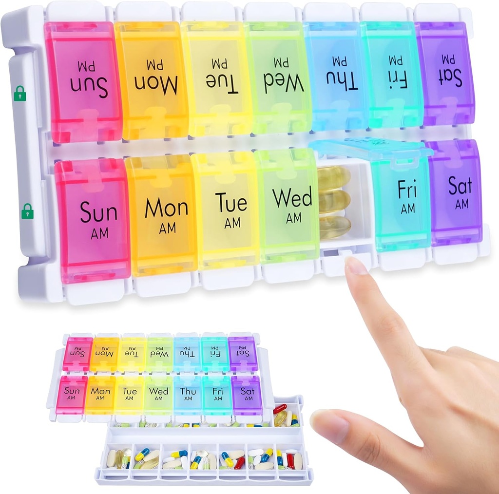 MERICARGO Wöchentliche Pille Organizer 2 Mal am Tag, einfache Füllen große Pille Box 7 Tage, Am Pm Medizin Organizer, Push Button Tägliche Pille Fall für Vitamin, Fischöl, Beilagen