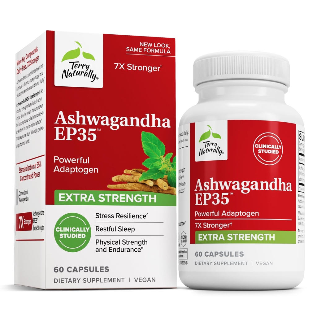Terry Naturally Ashwagandha EP35 Extra Strength - Kräuterergänzung für Schlafunterstützung - Aid Healthy Stress Response - Endurance & Energy Support - 60 Kapseln (60 Servietten)