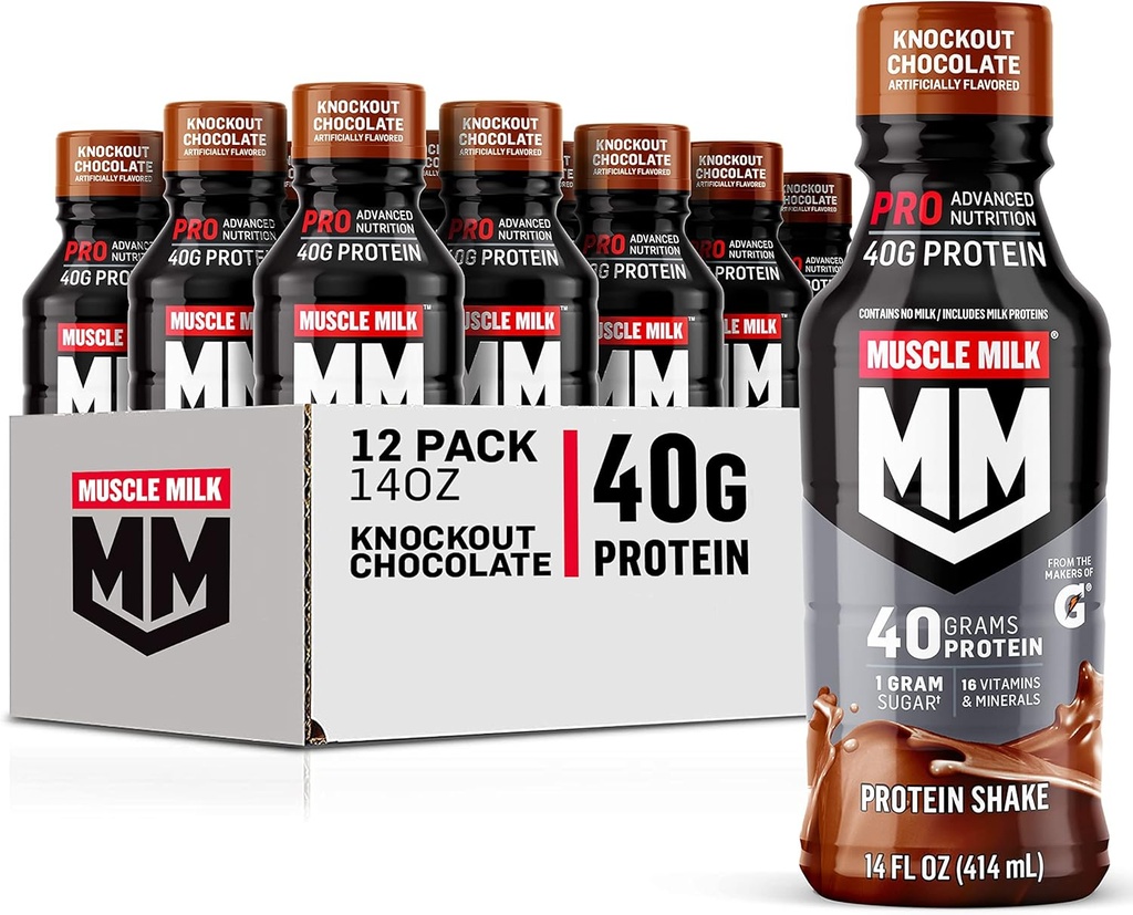 Muscle Milk Pro Advanced Nutrition Protein Shake, Knockout Chocolate, 14 Fl Oz Bottle, 12 Pack, 40g Protein, 1g Zucker, 16 Vitamine & Minerals, 6g Fiber, Workout Recovery, Packaging May Vary