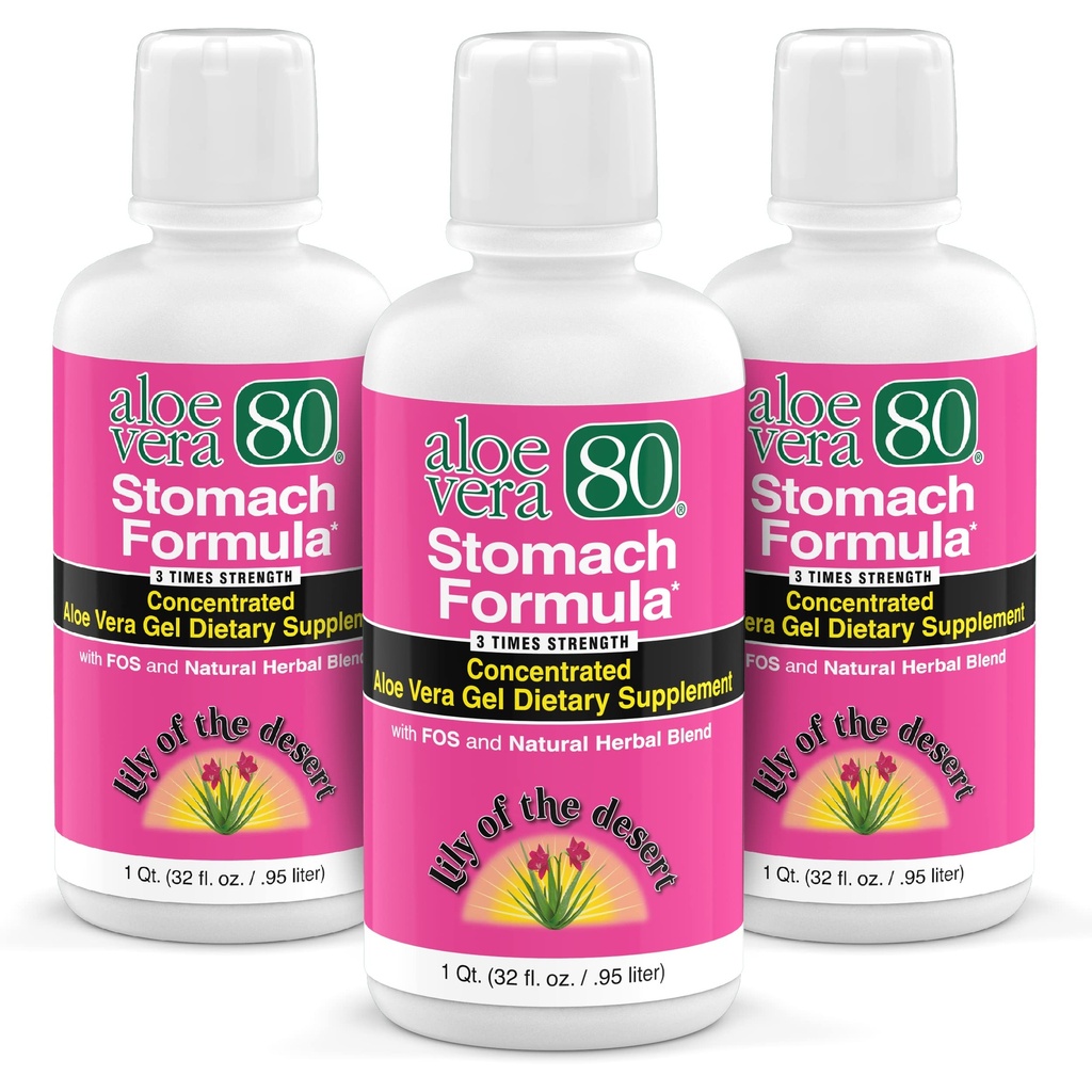 Lily Of The Desert Stomach Formula, Aloe Vera 80 Gel - Concentrated Aloe Vera Juice mit Slippery Elm, Kamille, Pfefferminz und Ingwer für Gut Health, Sodbrennen, Säure Reflux, 32 Oz (Pack mit 3)