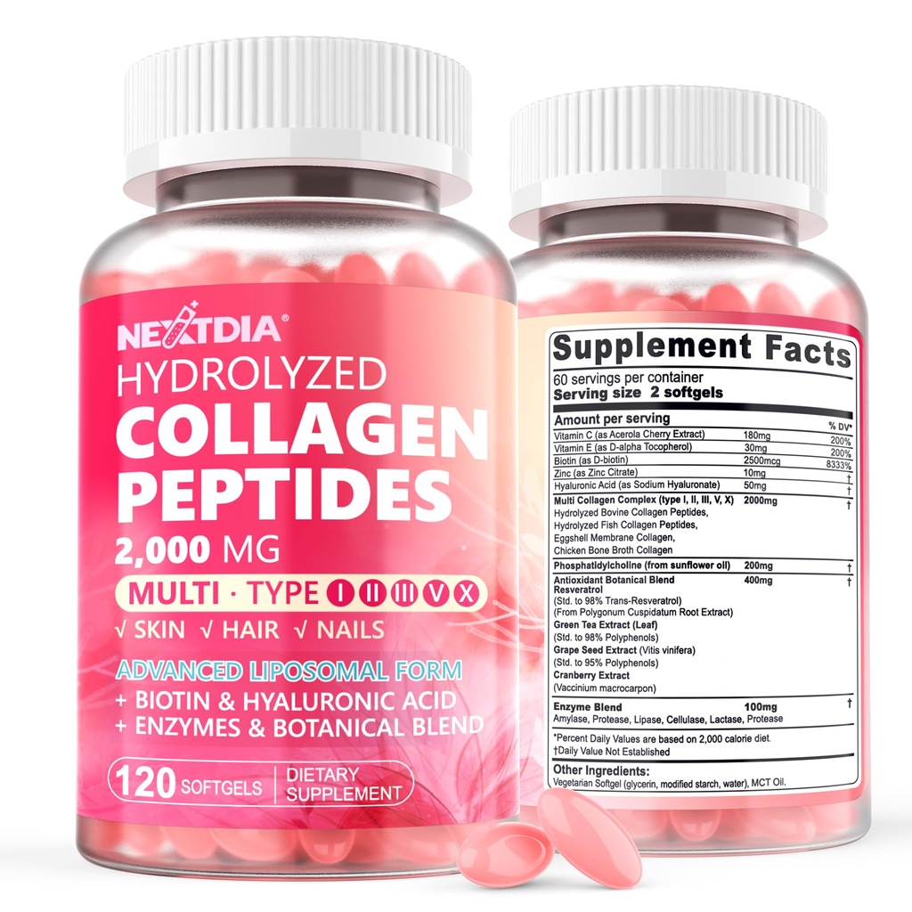 2 Pack Liposomal Collagen Peptides Pills for Women 2000mg, Multi Hydrolyzed Collagen Type I, II, III, V, X with 2500mcg Biotin - Collagen Supplements Softgels with Hair, Skin & Nails Vitamins, 240 Cts