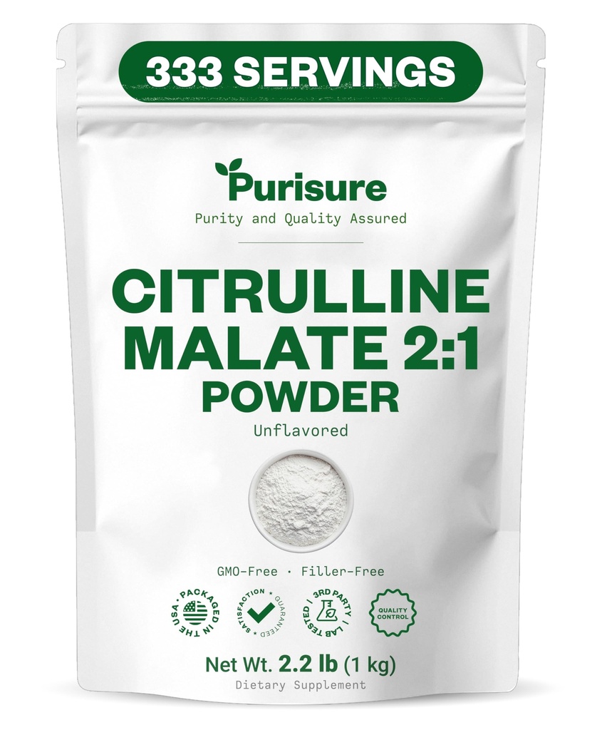 Purisure L Citrulline Malat 2:1 Pulver, 1 kg, Ergänzung und Nitrat für Kraftleistung und Energie, Pre-Workout L Arginine L Citrulline Supplement Powder, 334 Servivings