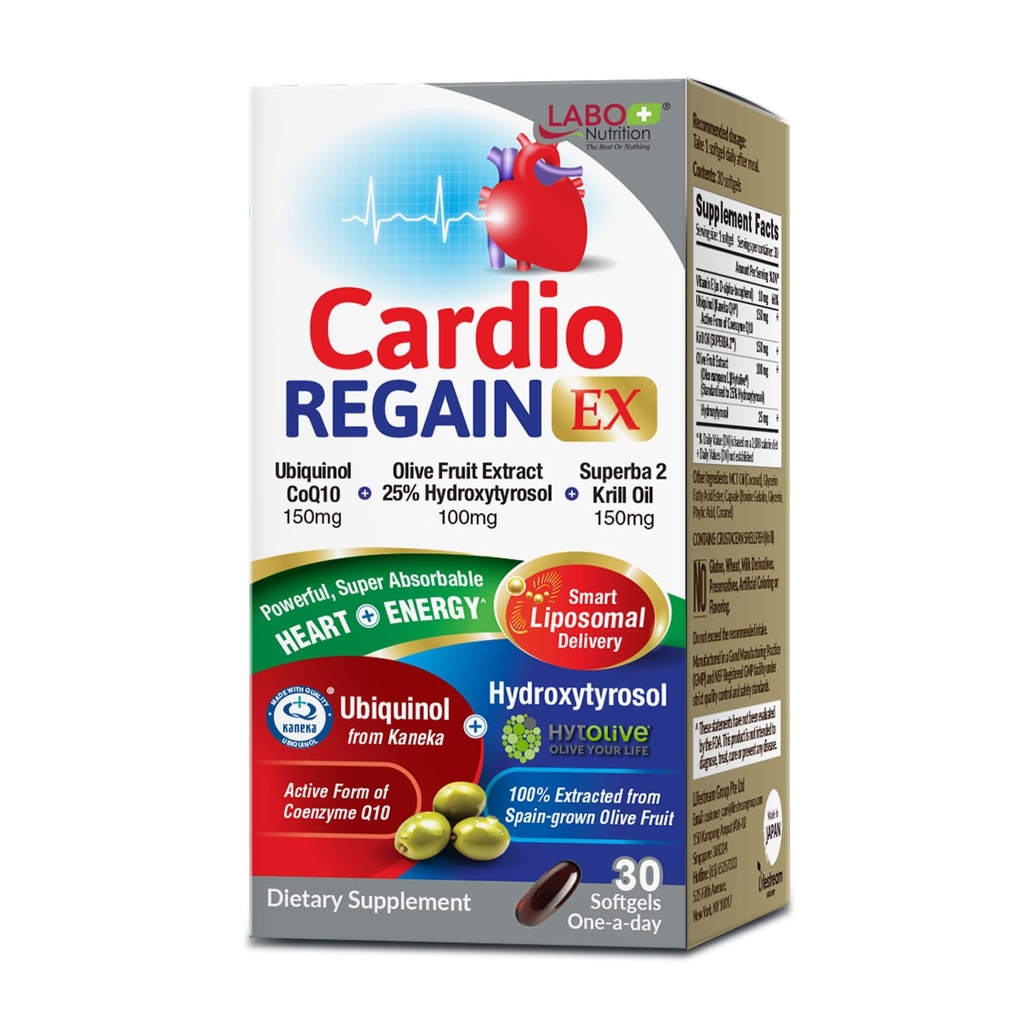 LABO Nutrition CardioREGAIN EX – Ubiquinol CoQ10 Supplement mit Kaneka QH 150mg, Olive Fruit Extract (25% Hydroxytyrosol), Krill Oil – Heart, Cellular Energy, Liposomal Absorption, Non-GMO, Sojafrei