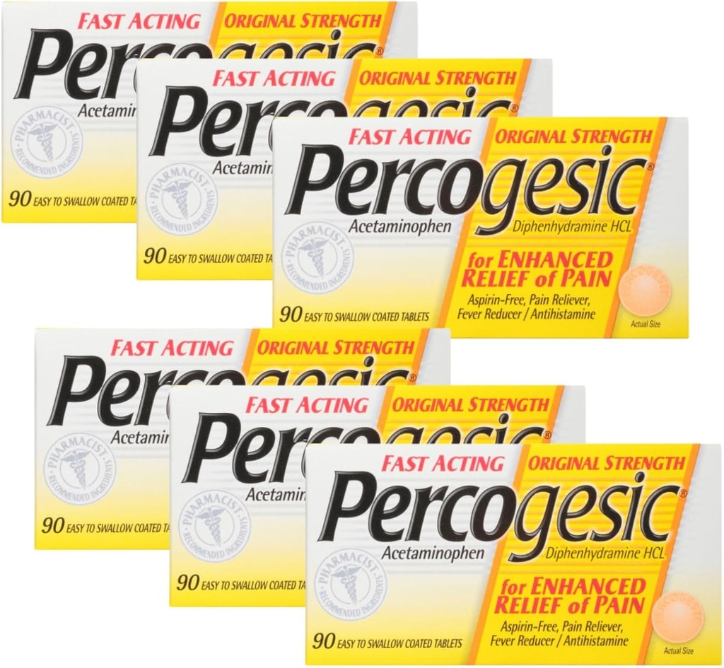 Percogesic Aspirin Free Pain Relief Tabletten, Original Strength, Acetaminophen und Diphenhydramin, 90 ct (Pack von 6)
