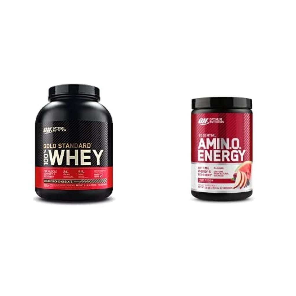 ON Gold Standard 100% Whey Protein Primary Source Isolate - Double Rich Chocolate 74 Servierungen + ON Amino Energy - BCAA, Aminosäuren, Keto Friendly, Green Coffee Extract- Fruit Fusion, 30 Servierungen