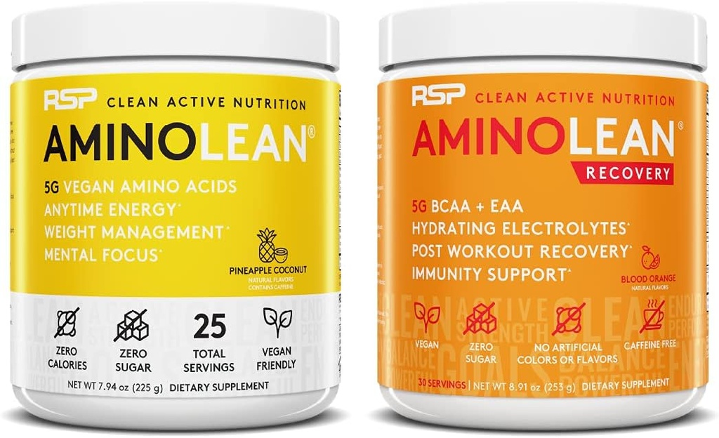 RSP NUTRITION Vegan AminoLean Pre Workout Energy (Pineapple Coconut 25 Servings) mit AminoLean Recovery Post Workout Boost (Blood Orange 30 Servings)