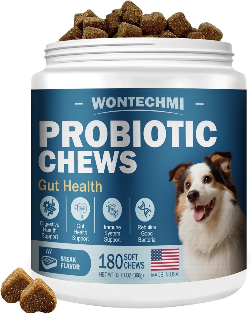Probiotika für Hunde, verbessern Sie juckende Haut juckende Ohren, Gutgesundheit, Hefe Balance, Allergien, Immunität, Hundeprobiotika und Verdauungsenzyme mit Präbiotika, reduzieren Durchfall (180 Chews, Steak)