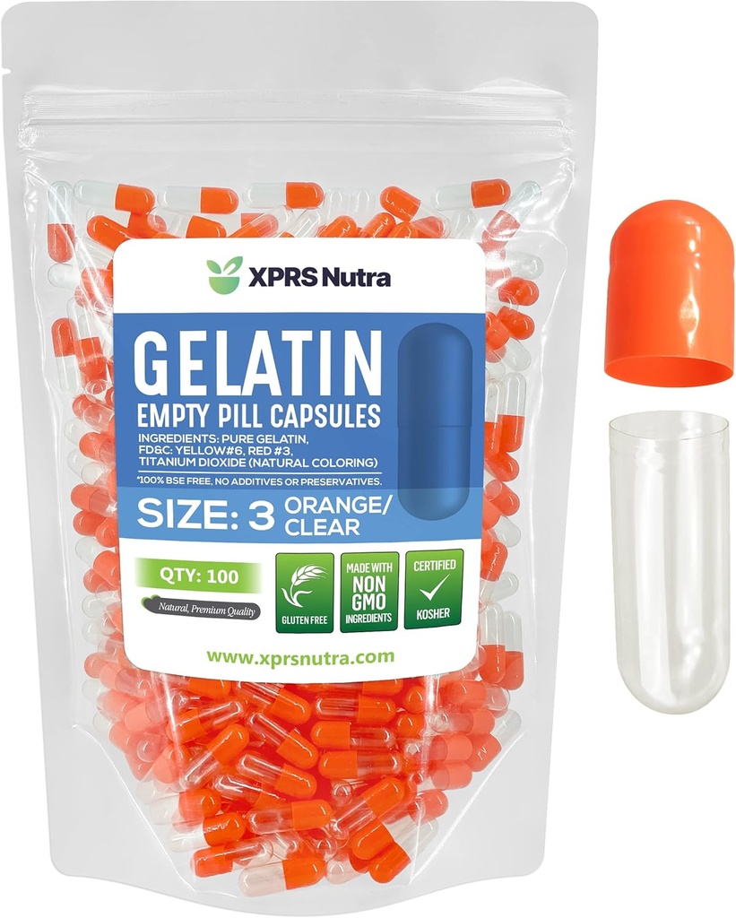 XPRS Nutra Size 3 Empty Capsules - 100 Count Empty Gelatin Capsules - Pills DIY Capsule Filling - Pure Bovine Pill Gel Caps Fillable for Do-It-Yourself Vitamins and Supplements (Orange/Clear)