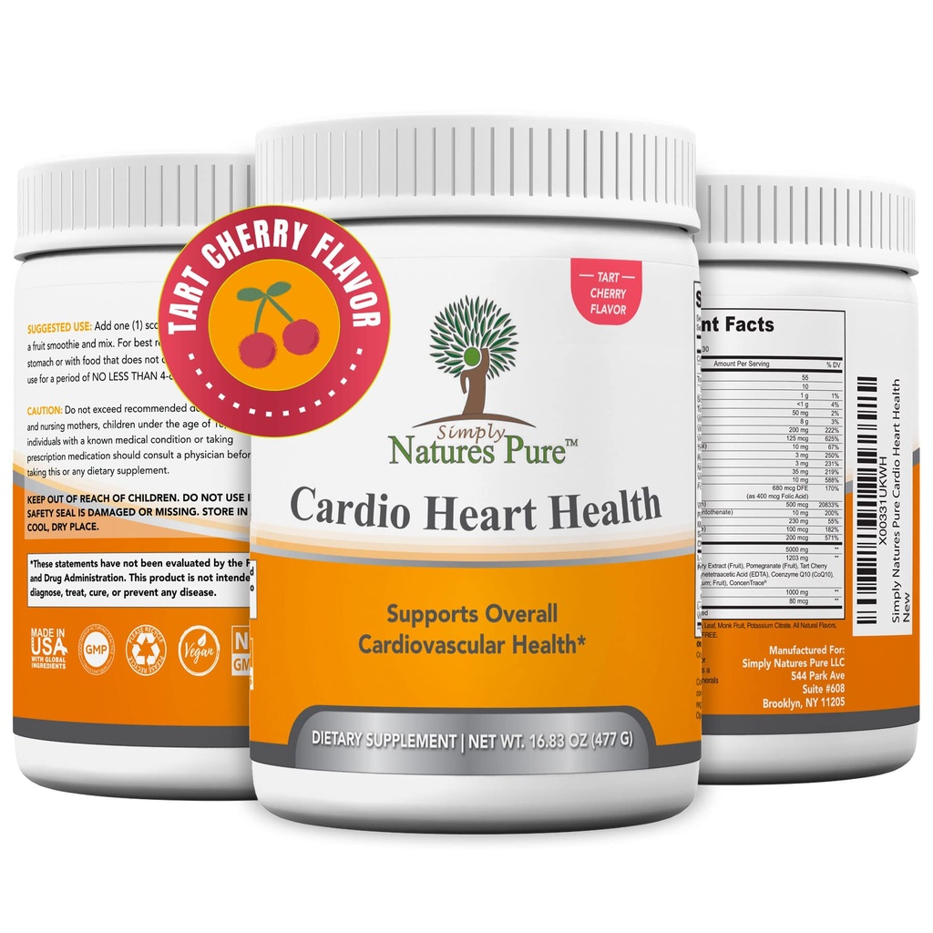 Simply Natures Pure - Cardio Heart Health Nitric Oxide Booster Support Supplement Powder with L-Arginine 5000 mg, L-Citrulline 1000 mg and Hawthorne Berry, 16.82 Ounces - Tart Cherry Flavor