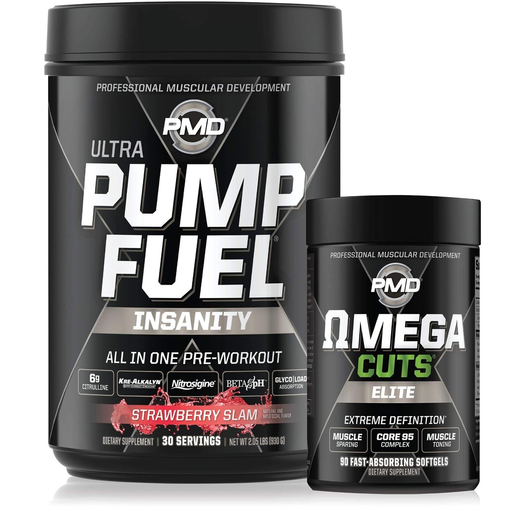 PMD Sports Ultra Pump Fuel Insanity - Pre Workout - Strawberry Slam (30 Servierungen) Sport Omega Cuts Elite Thermogenic Fat Burner (90 Softgels