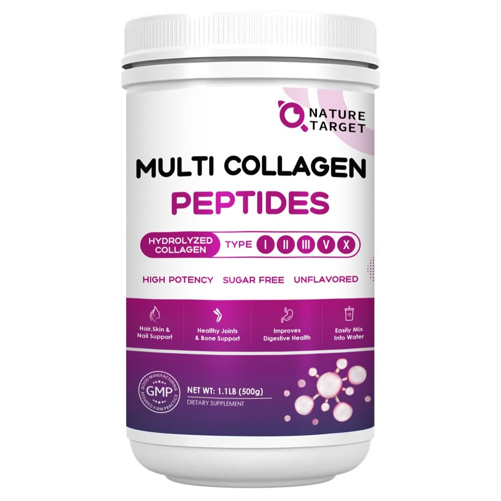 NATURE TARGET Multi Collagen Peptides Powder - Typ I, II, III, V, X - Hydrolysierte Collagen Peptide mit Vitamin C Hyaluronsäure, unterstützt Hauthaar Nagel & Gelenk, Grass-Fed, Non-GMO, 50 Servierungen