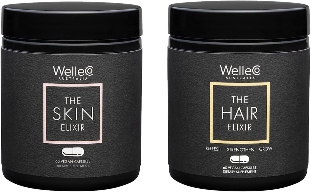 WelleCo, The Skin Elixir + The Hair Elixir, Vegan Beauty Supplements Bundle, fördert Haarwachstum & Reduziert Bruch, Unterstützt gesunde Haut & Collagen Formation, 60 Kapseln Jede