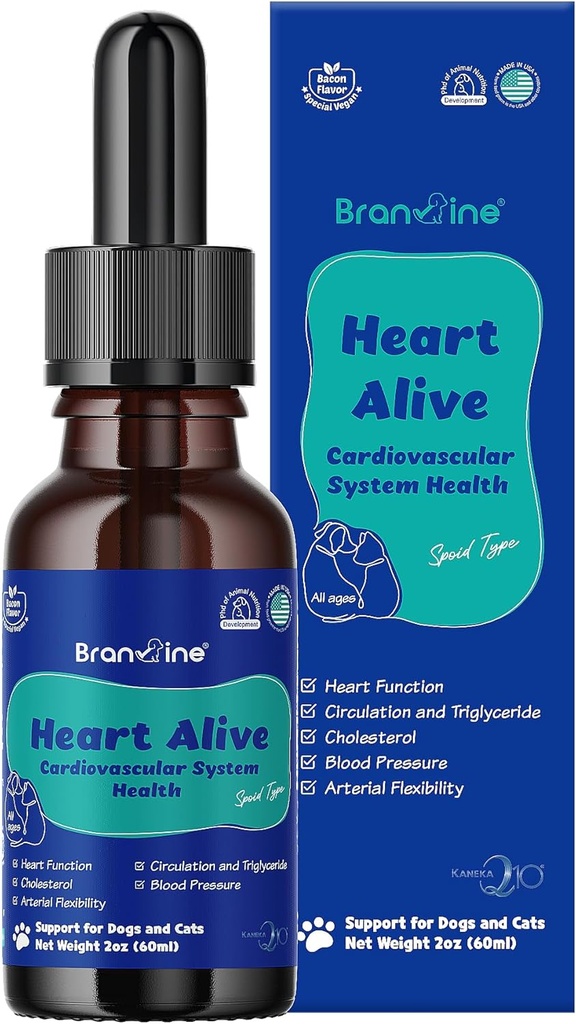 Herz Alive flüssiges Herz-Kreislauf-System Gesundheit für Hunde und Katzen-Norwegische Fischöl, Coenzym Q10, Vitamin K2, Policosanol, Hawthorn Berry Extract, Vegan Bacon Flavor (60ml)