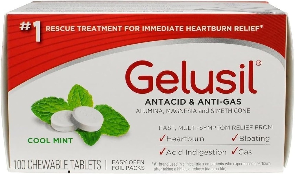 Gelusil Antacid & Anti Gas Tabletten für Sodbrennen Relief, Säure Reflux, Bloating und Gas, Cool Mint - 100ct Blister Pack