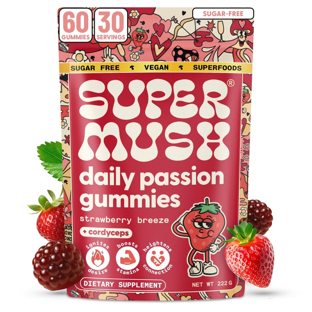 SuperMush Daily Passion Horny Goat Weed Gummies for Men & Women - Intimacy Gummies with Cordyceps, Reishi & Maca Root - Ignite Feel-Good Vibes & Lasting Energy Supplement, Made in the USA (60 Count)