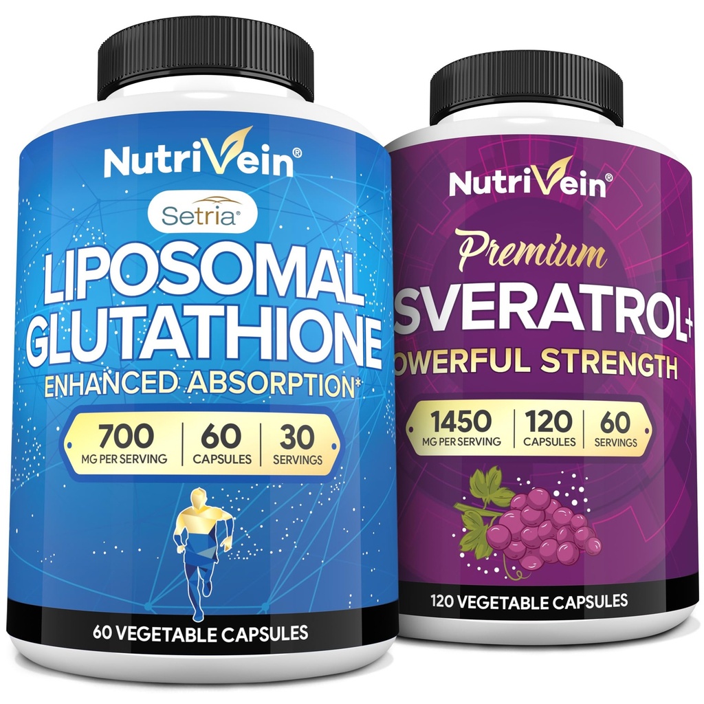 Nutrivein Liposomal Glutathione Ergänzung & Resveratrol Ergänzung Bundle: Hoch-Absorption Liposomale Glutathione & Resveratrol Kapseln für Ernährungsunterstützung
