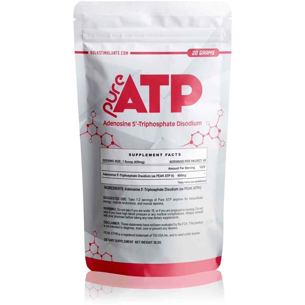 BulkStimulants Pure ATP Adenosine Triphosphat Pulver - Erhöhen Sie Energie, Ausdauer, Stärke, Erholung & Muskel-Pumpe, schneller als Kreatin HMB & Nitric Oxide, Natürliche Pre Workout Supplement - 20 Gramm