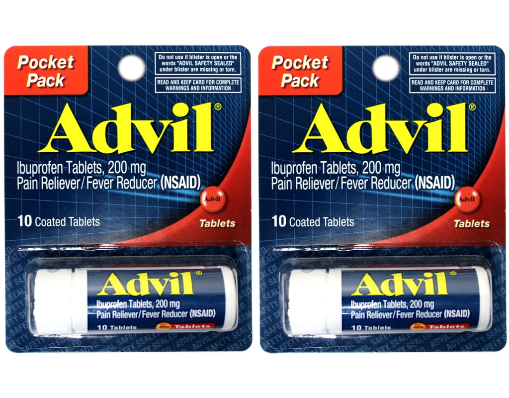2 Packung Pocket Pack Advil Pain Reliever / Fever Reducer Ibuprofen 200mg - 10 Beschichtete Tabletten PER Pack (20 Tabletten insgesamt)