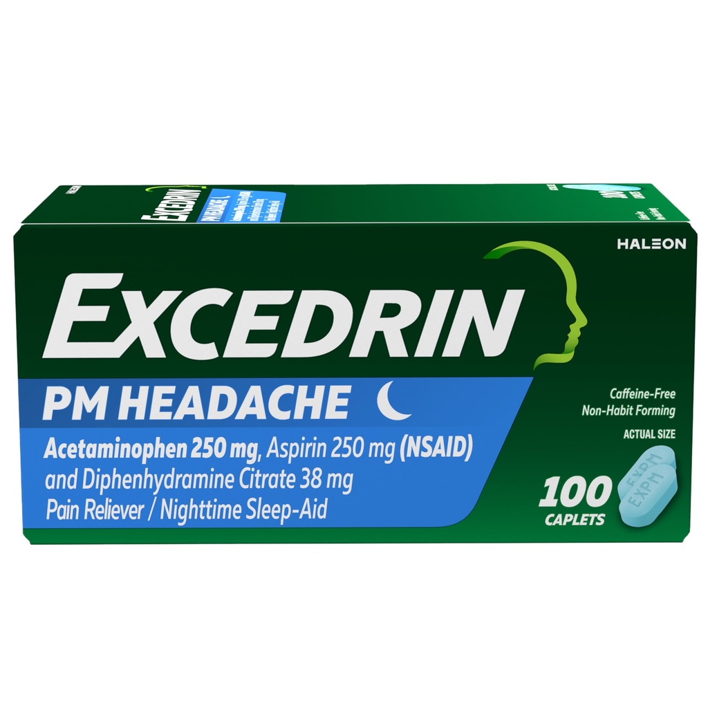Excedrin PM für Kopfschmerzen Relief, Acetaminophen 250mg, Aspirin 250mg, Diphenhydramin Citrate 38mg, Schmerzrelief, Nachtschlafhilfe, 100 Count