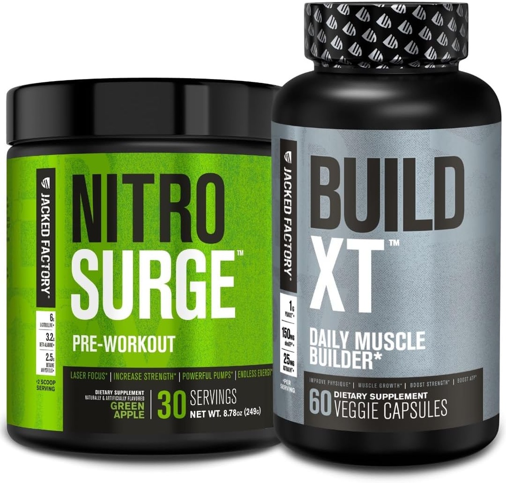Jacked Factory Nitrosurge PreWorkout in Green Apple & Build XT Muskelaufbau Bundle für Männer & Frauen