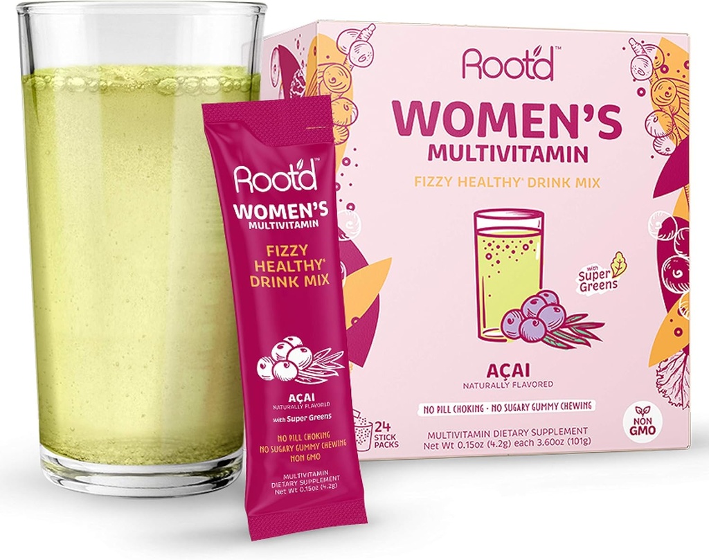 Root'd - Pulver Multivitamin für Frauen - Mit 25 Vitaminen & Minerals | Vitamin A, C, D, E, B12, B6, K, Eisen, Probiotika, Elektrolyte, Organic Super Greens | Natural Acai | 24 Effervescent Stick Packs