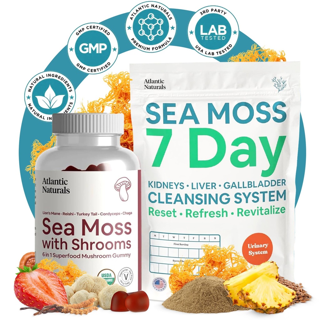 Atlantic Naturals Sea Moss Superfood Bundle - Sea Moss mit Shrooms Gummies & 7-Day Kidney, Liver & Gallbladder Cleanse - Defense, Focus & Detox Support - Lion's Mane, Reishi, Dandelion Root & More