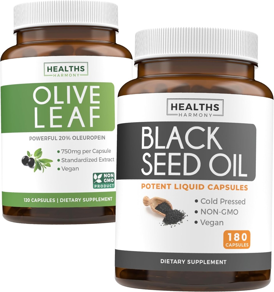 Olivenöl Blatt & Schwarz Samen Öl (3-Monats-Versorgung) Blatt & Seed Bundle Olivenblatt Extrakt (120 Kapseln) Super Strength und Schwarzes Samenöl (180 Kapseln) Kalt gepresst Nigella Sativa Cumin Seed