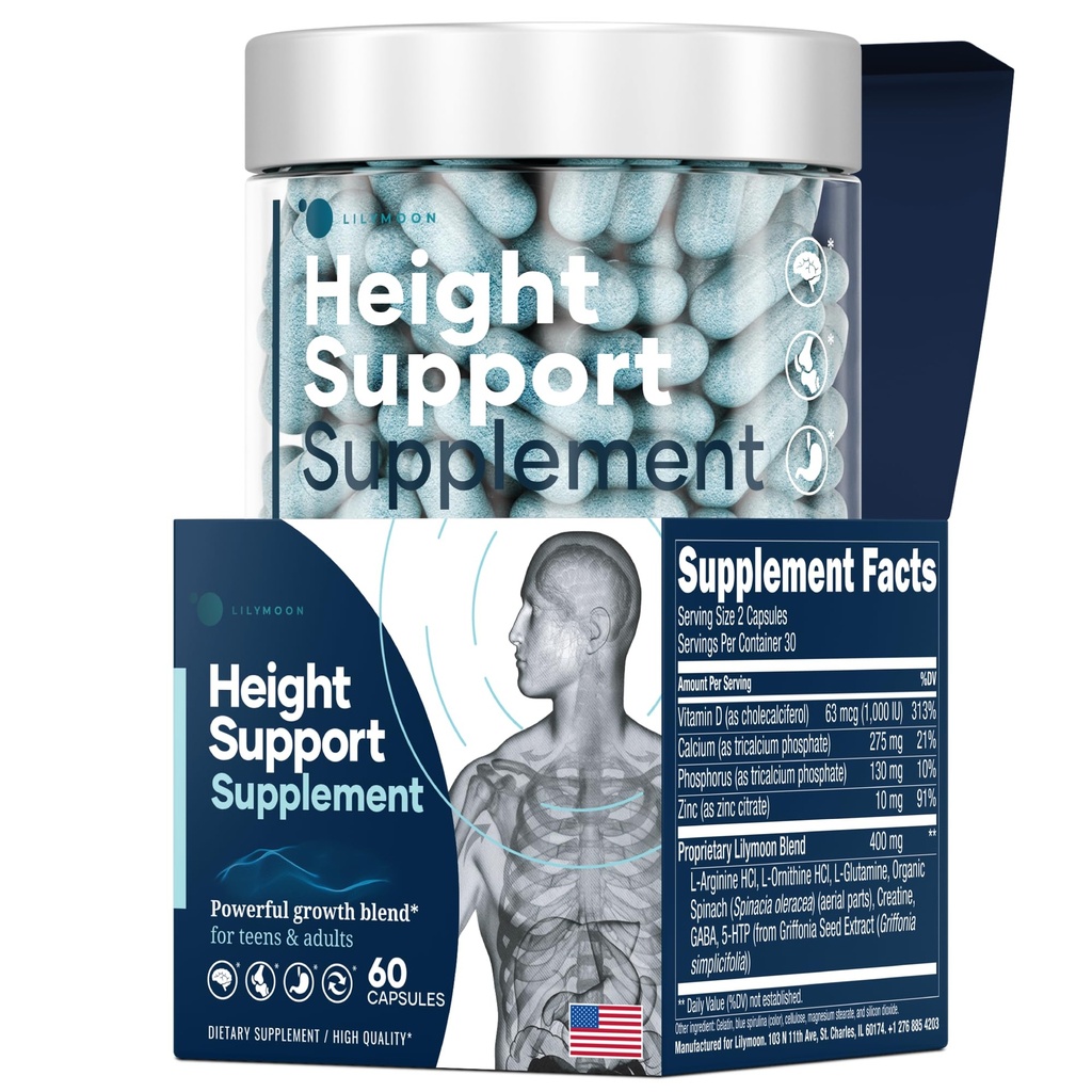 Height & Bone Support Supplement - Premium Height Growth Supplement für Kinder und Jugendliche mit Kalzium - Nutritional Support Bone Health Formula - Höhe erhöhen essentielle Vitamine - 60 Caps