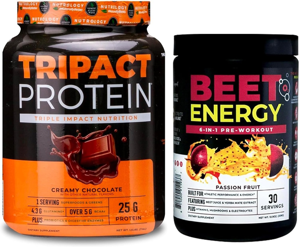 Nutrology Beet Natural O2, Pre Workout Powder, Passion Fruit Flavor (30 Servierungen) TRIPACT Protein Powder, 7-in-1 Meal Ersatz Shake, Creamy Chocolate Flavor (20 Servierungen)