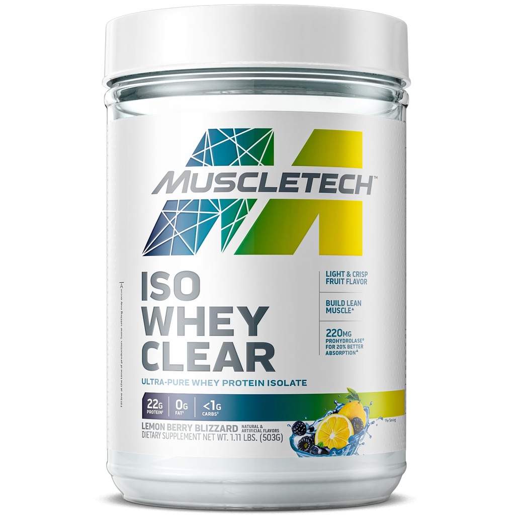 MuscleTech Whey Protein Powder Clear Whey Protein Isolate Whey Isolate Protein Pulver für Frauen und Männer Clear Protein Drink 22g Protein, 90 Calories Lemon Berry Blizzard, 1.1lb(19 Servierungen)