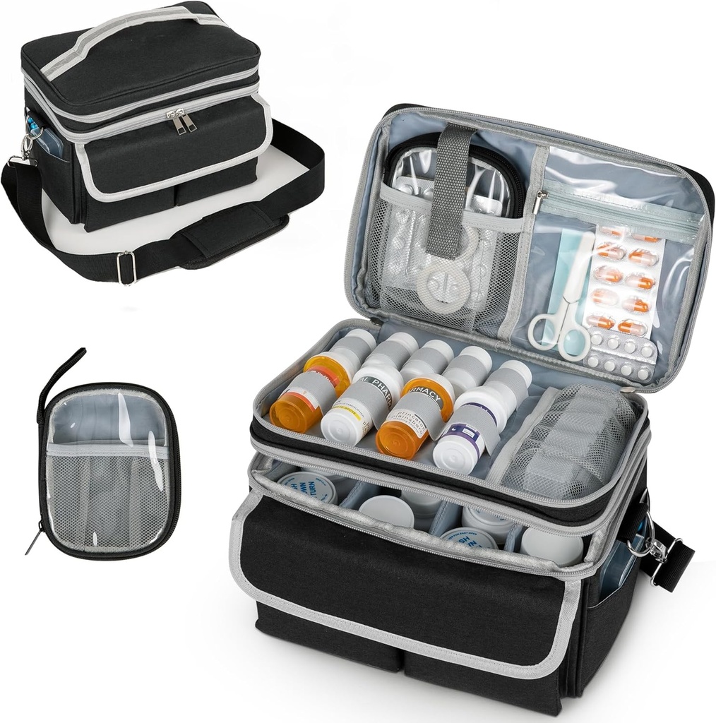 Medizinische Aufbewahrungstasche, Pill Bottle Organizer mit Schultergurt, Reisemedizin Organizer Box, Erste Hilfe Kit mit tragbarer kleiner Tasche, Medication Bottle Organizer Leere Schwarz