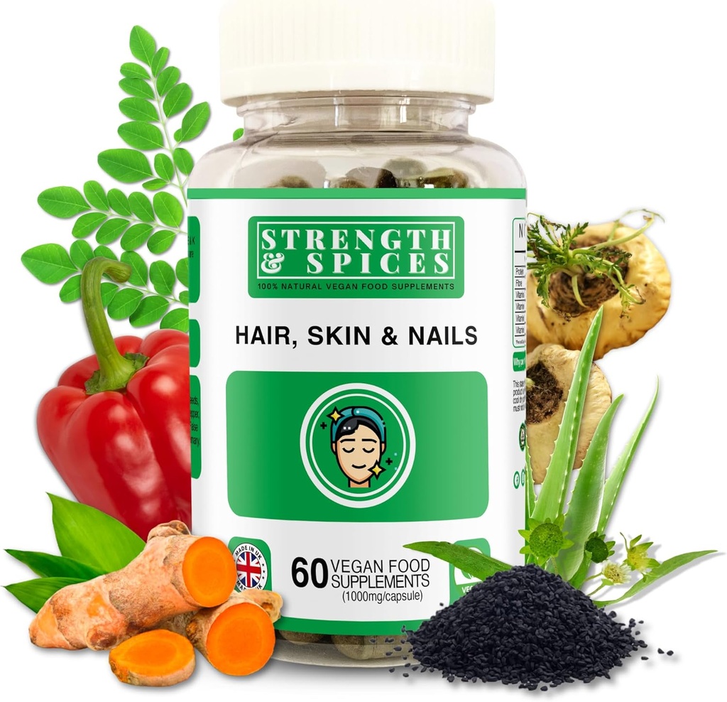 Stärke & Gewürze Haar, Haut & Nägel 100% natürliche Ergänzung – 20 Zutaten w Biotin Selen & Zink - 60 Vegan UK Made 1000mg Kapseln