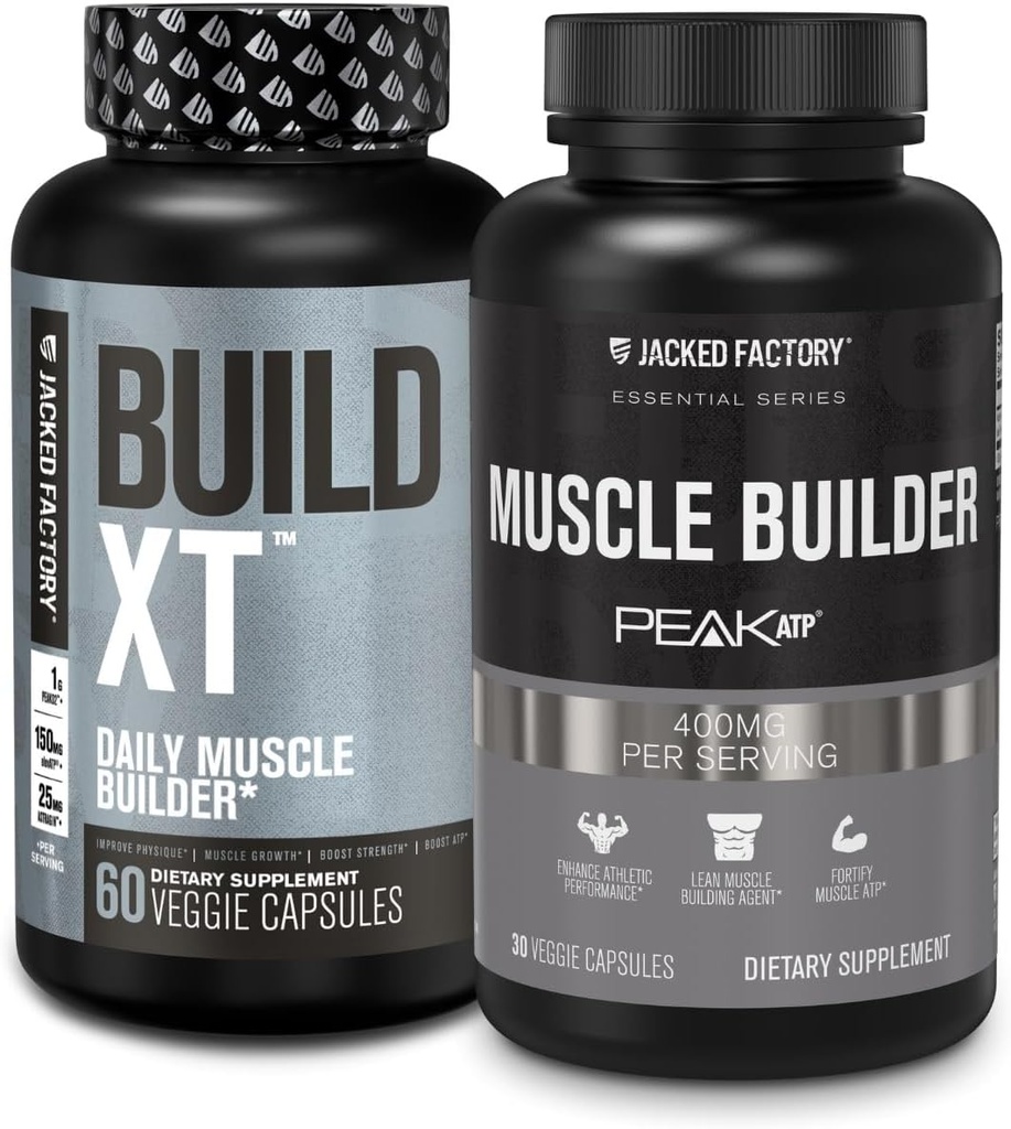 Jacked Factory Build-XT Daily Muscle Builder und Performance Enhancer (60 Kapseln) & Essentials Muskelaufbau Ergänzung für Stärke und Wachstum (30 Kapseln)