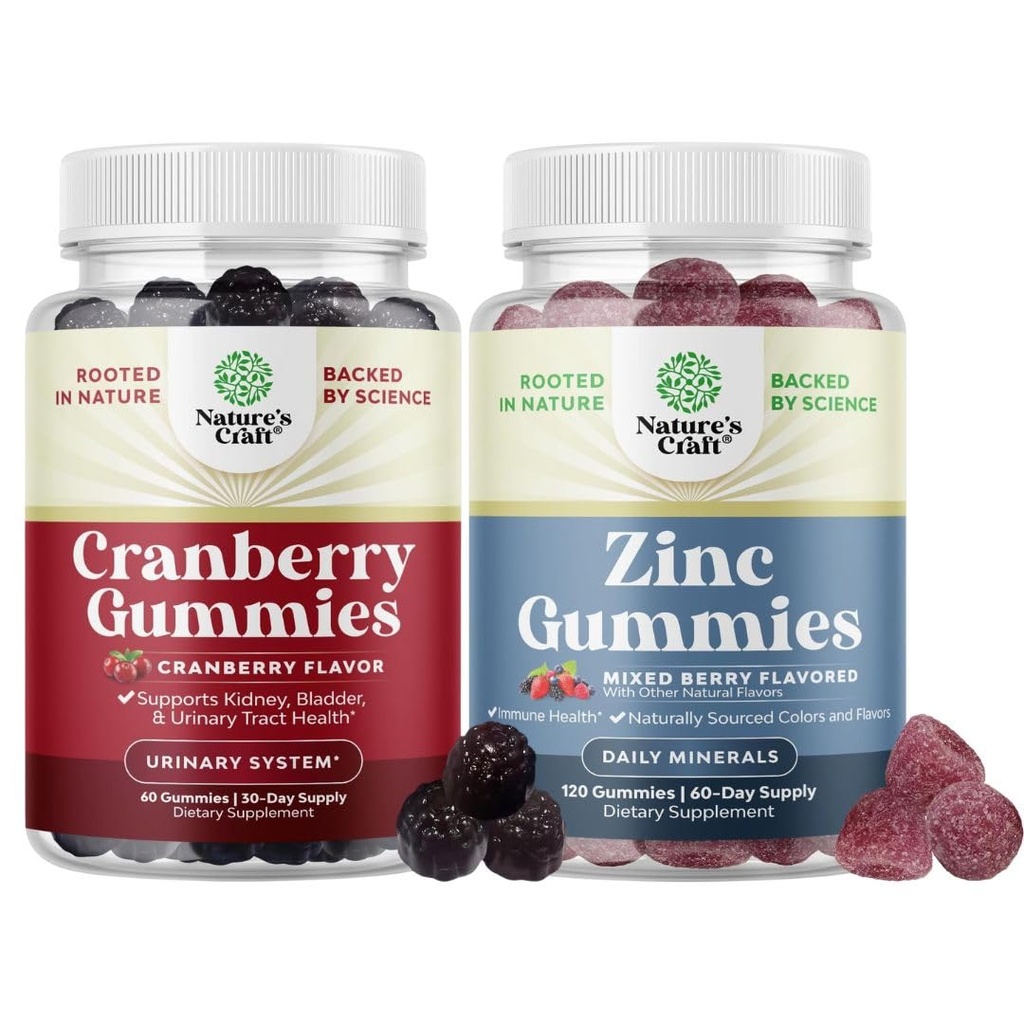 Bundle of Natural Cranberry Gummies für Damen und Herren und extra Stärke Zink für Erwachsene - Extra Strength Delicious Antioxidant Cranberry Chews - Kaubare Zink Citrate 50mg Immunität