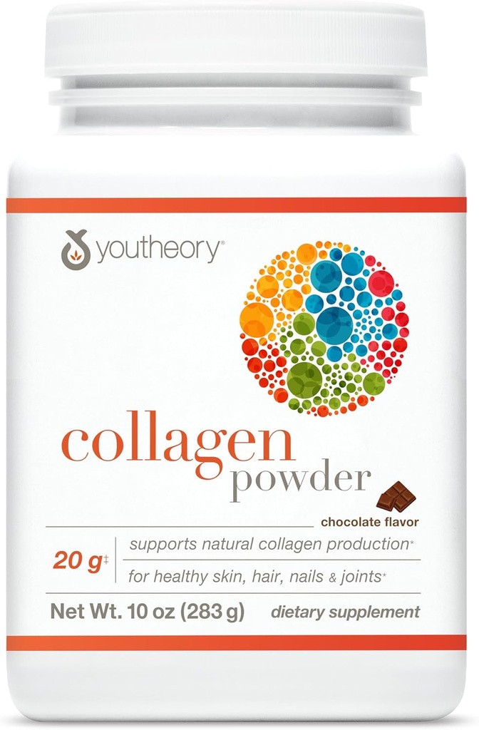 Youtheory Collagen Powder - mit Aminosäuren, Mineralien, Vitamin C & B7 (Biotin) - Unterstützt gesunde Knochen, Muskeln, Haar, Nägel, Haut und Gelenke* - hydrolysiert - Schokolade - 10 oz (12 Servierungen)