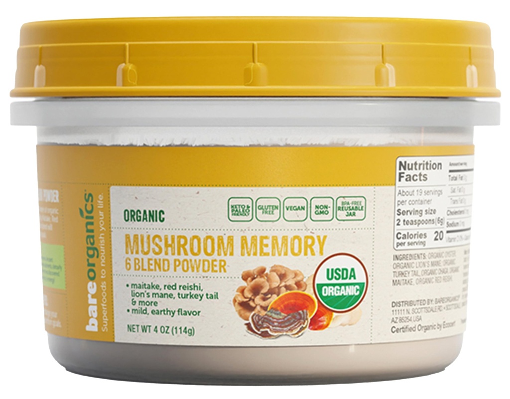 BareOrganics Pilz-Memory-Mix-Pulver – Bio-Superfood Pilz-Ergänzung mit Lion’s Mane, Reishi, Maitake & Turkey Tail, Vegan adaptogenic Powder - 4 oz