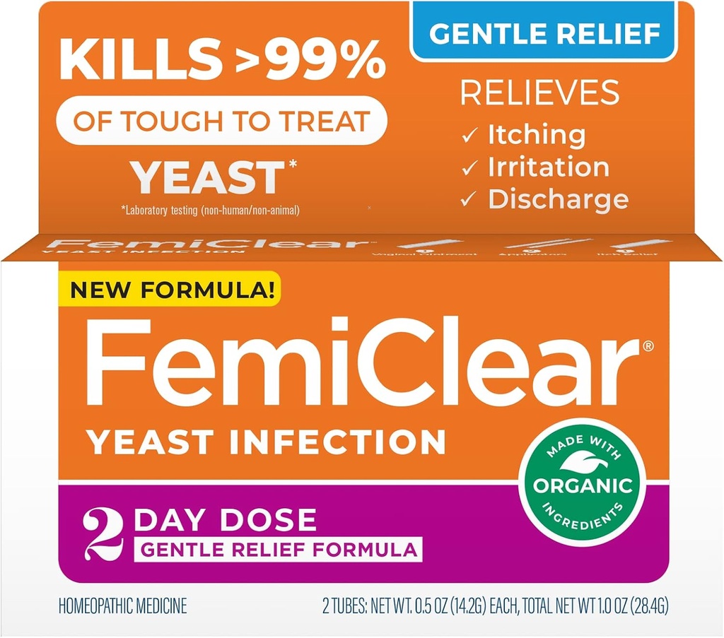 FemiClear Gentle Relief Formel 2 Tage Infektionsbehandlung, Sanfte Formel für mehr empfindliche Personen, All-Natural Zutaten Salbe + externe Itch Relief Salbe, Feminine Pflege Produkte