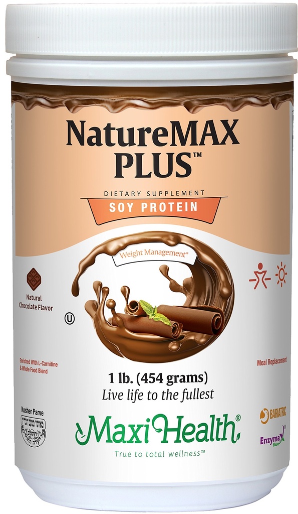 Maxi-Health NatureMAX Plus Energy Support Drink Soy Protein Powder - Sugar Free Diet Supplement - 20g Protein Per Serving - Natural Chocolate Flavor - Kosher Vitamin - 1lb