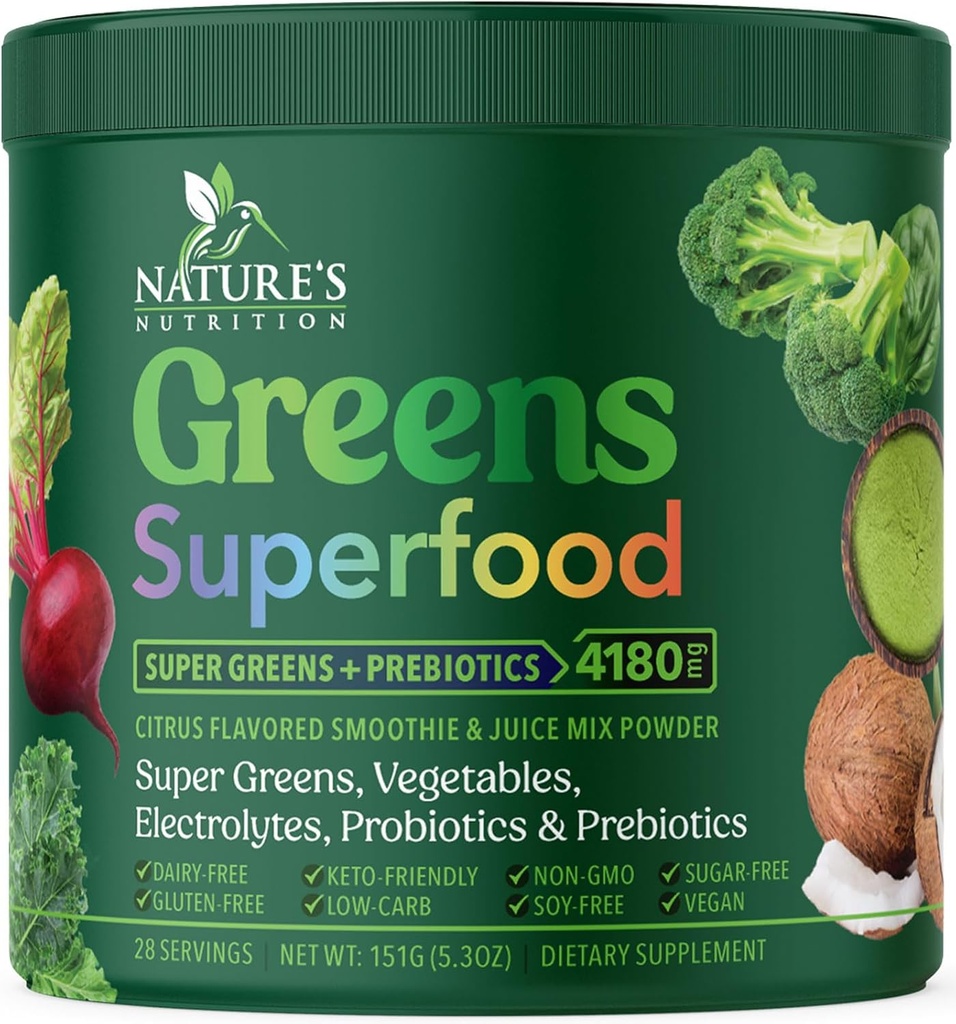 Greens Powder Superfood - Premium Organic Super Greens Juice Powder - Verpackt mit Probiotika, Weizengras, Enzyme, Spirulina, Chlorella für Verdauungs- und Gutgesundheit, Smoothie Drink Mix - 28 Portionen