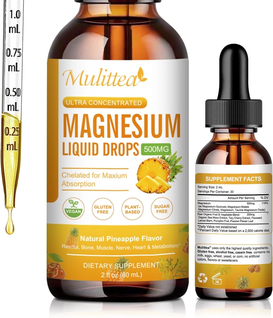 Magnesium Flüssigkeitstropfen - hohe Absorption 5-in-1 Magnesium Complex Supplement mit Magnesium Glycinat, Malat, Citrat, Taurat - für Knochen, Muskeln, Nerves & Energy - Vegan, Zuckerfrei, 2 Fl.oz