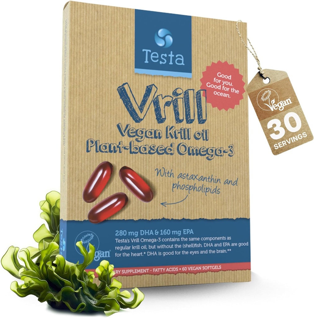 Testa Omega 3 Vegan Krill Supplement-1000mg Softgels, 2 mal Mehr Omega-3, DHA, EPA, Astaxanthin, Phospholipide - Herz, Gehirn, Auge, Gelenkunterstützung - Nicht von Fisch, Algae Quelle - 60 Softgels